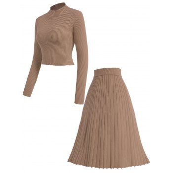 

Solid Color Mock Neck Knit Top And A Line Skirt Two Piece Set, Coffee