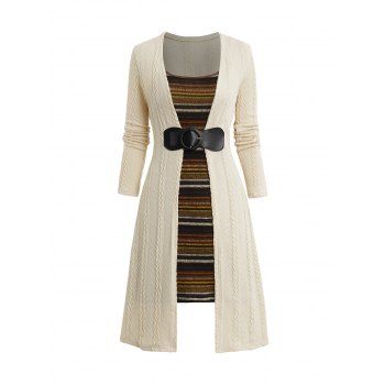 

Tribal Stripe Knit Faux Twinset Dress Buckle Strap Twisted Knitted Mini 2 In 1 Dress, Light coffee