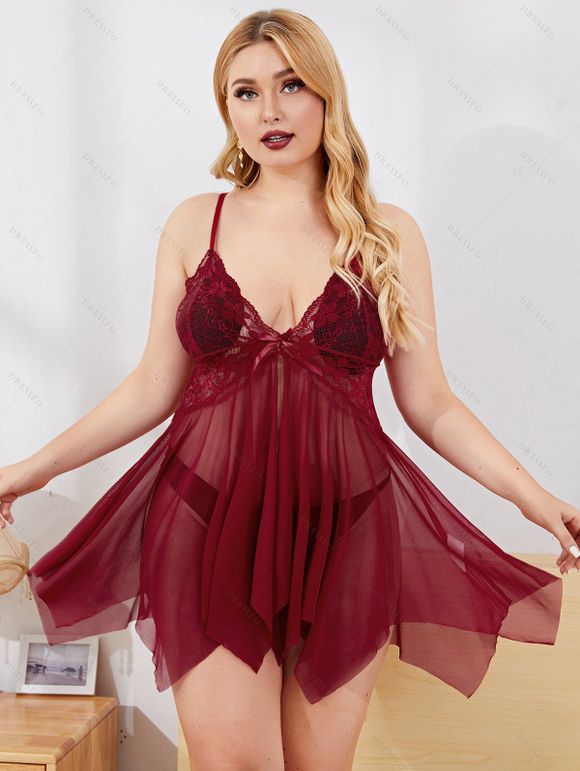 31% OFF] 2024 Plus Size Sheer Floral Lace Asymmetric Mesh Babydoll Plunge  Spaghetti Strap T-back Lingerie Set In DEEP RED