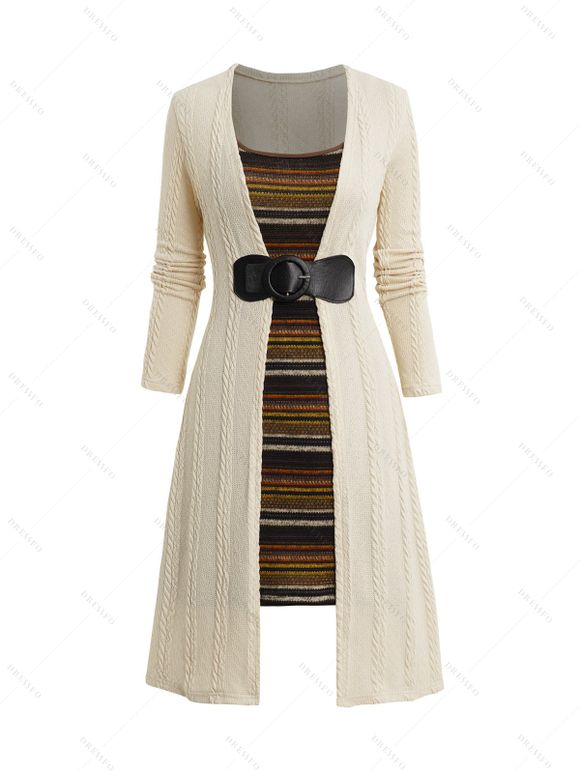Mini Robe à Bretelle Bouclée Rayé Faux Deux Pièces - café lumière L | US 8-10