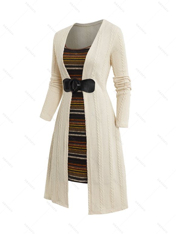 Mini Robe à Bretelle Bouclée Rayé Faux Deux Pièces - café lumière L | US 8-10