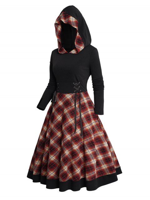 Robe à Capuche Mi-Longue Panneau à Carreaux à Manches Longues à Lacets
