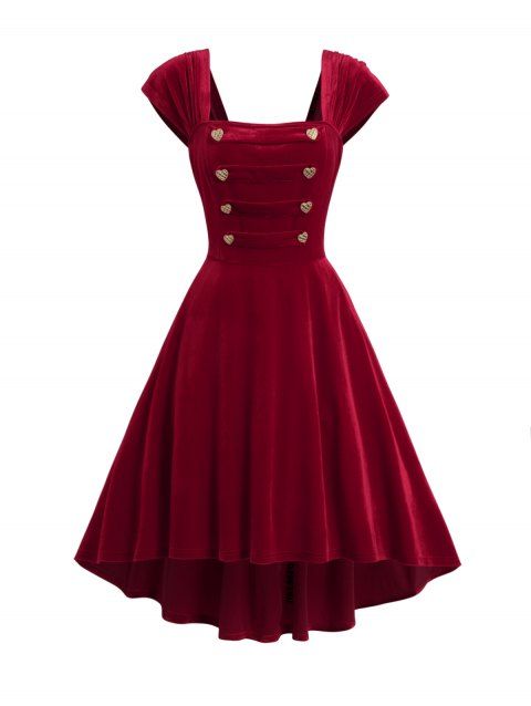 High Low Cap Sleeve Midi Vintage Velvet Dress Square Neck Heart Mock Button Party Dress