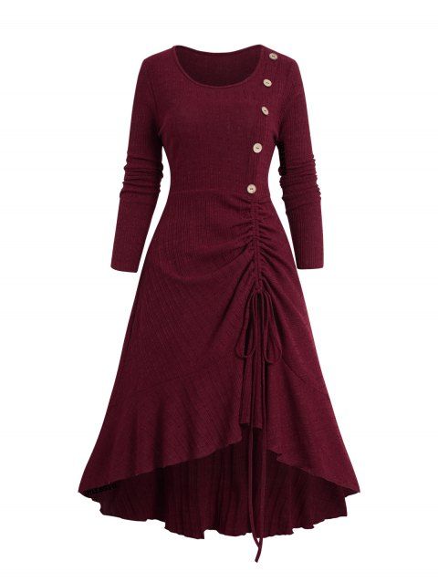 Cinched Flounce High Low Knit Dress Mock Button Solid Color Long Sleeve Midi Knitted Dress