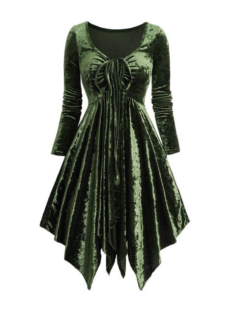 Asymmetric Velour Dress Cinched Plunge Long Sleeve Party Dress