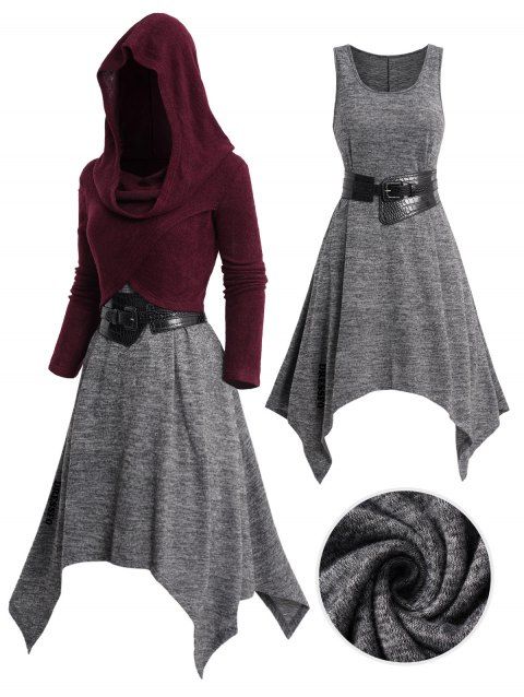 Marled PU Panel Belt Handkerchief Tank Dress And Crossover Hooded Long Sleeves Top Outfit