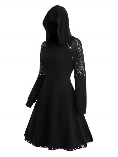 Gothic Sheer Lace Panel Mini Hooded Dress Rivets Solid Color A Line Dress