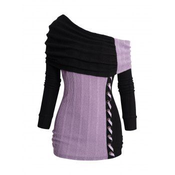 

Two Tone Skew Collar Knit Top Foldover Colorblock Ruched Knitted Top, Light purple