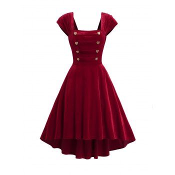 

High Low Cap Sleeve Midi Vintage Velvet Dress Square Neck Heart Mock Button Party Dress, Red