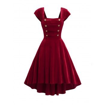 

High Low Cap Sleeve Midi Vintage Velvet Dress Square Neck Heart Mock Button Party Dress, Red