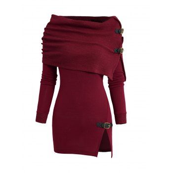 Open Shoulder Knit Foldover Top Long Sleeve Buckle Strap Solid Color Top 