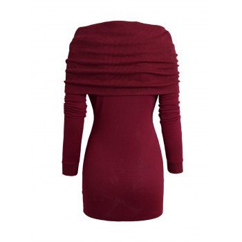 Open Shoulder Knit Foldover Top Long Sleeve Buckle Strap Solid Color Top 