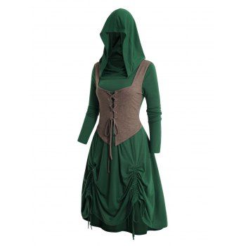 

Colorblock Cinched Lace Up Hooded Dress Long Sleeve Cowl Neck Faux Twinset Mini Dress, Deep green