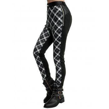 

Plaid Print Panel Pants Zip Fly Long Zipper Detail Slim Pants, Black