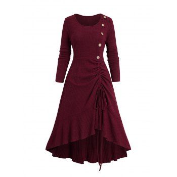 

Cinched Flounce High Low Knit Dress Mock Button Solid Color Long Sleeve Midi Knitted Dress, Deep red