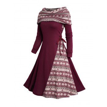 

Christmas Snowflake Tribal Graphic Knit Dress Lace Up Cowl Neck Knitted A Line Dress, Deep red