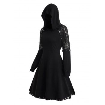 

Gothic Sheer Lace Panel Mini Hooded Dress Rivets Solid Color A Line Dress, Black