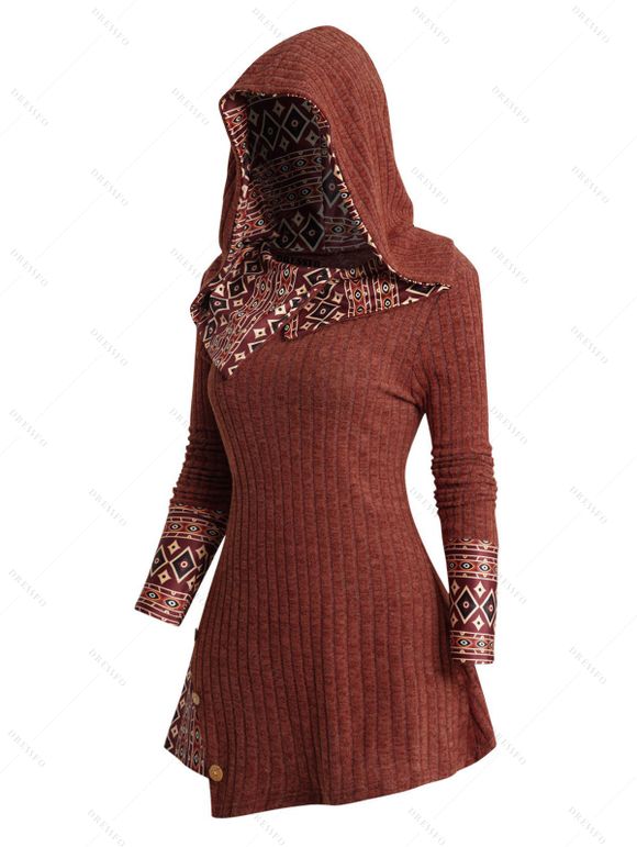 Haut à Capuche Ethnique Tricoté Géométrique Imprimé Boutonné - Orange Foncé XXL | US 14