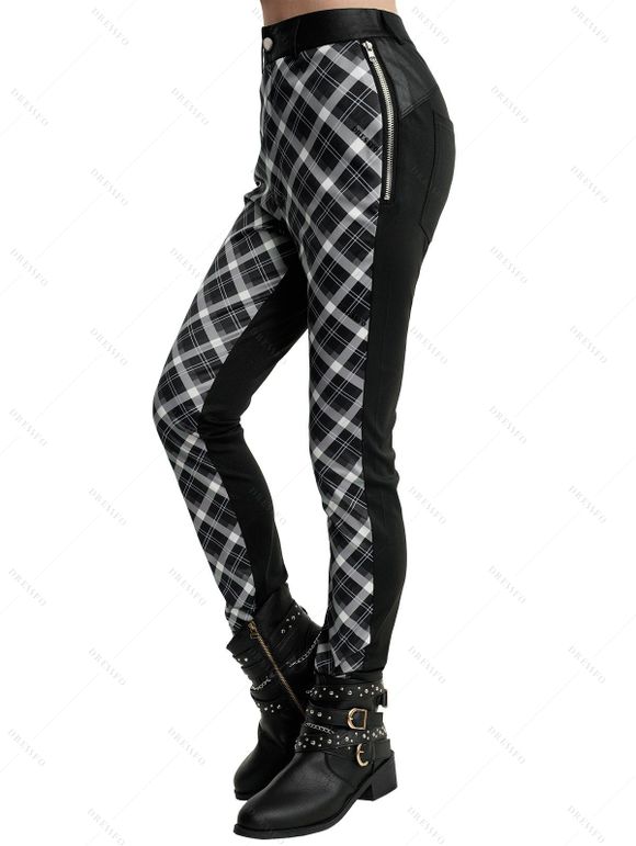 Pantalon Maigre Zippé Panneau à Carreaux Imprimé - Noir M | US 6