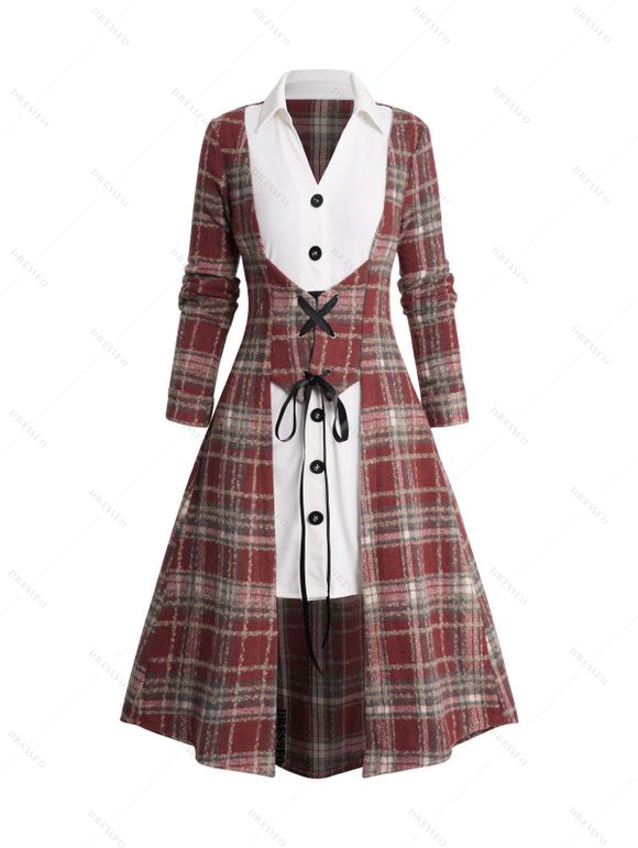 Robe Mi-Longue Haute Basse Panneau Contrasté à Carreaux à Lacets 2 Pièces - Rouge foncé XXL | US 14
