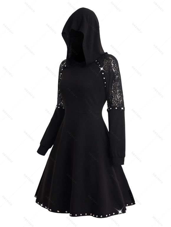 Mini Robe Ligne A Gothique à Capuche Panneau en Dentelle Transparente avec Rivets - Noir XL | US 12