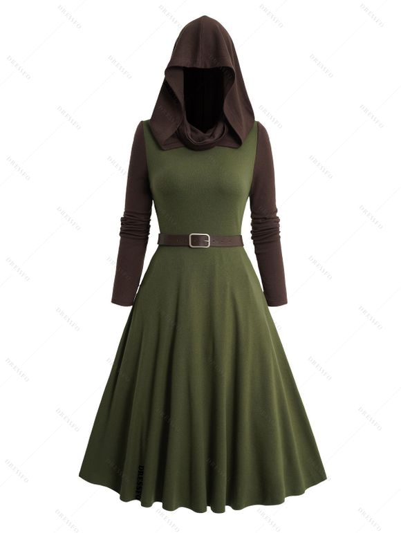 Robe à Capuche Ceinturée Zip en Blocs de Couleurs à Manches Longues à Taille Haute - Vert profond XXL | US 14