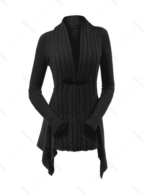 Cardigan Asymétrique Bouclé en Tricot à Câble en Couleur Unie à Manches Longues - Noir S