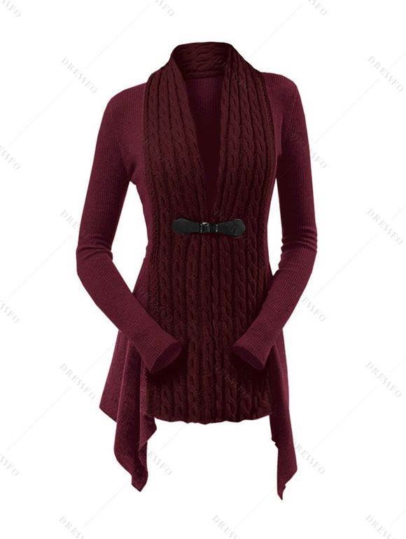 Cardigan Asymétrique Bouclé en Tricot à Câble en Couleur Unie à Manches Longues - Rouge foncé XXL