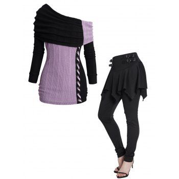 

Two Tone Skew Collar Knit Top And Solid Color Buckle Strap Embellishment Skeggings Leggings Two Piece Set, Multicolor