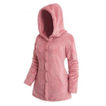 

Fluffy Button Up Hooded Coat Solid Color Front Pockets Warm Coat, Light pink