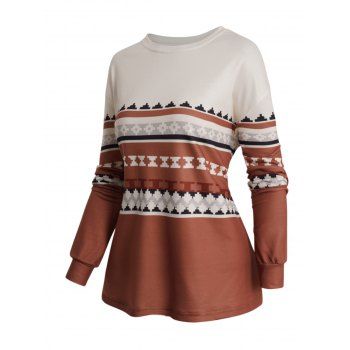 

Geometric Print Colorblock Sweatshirt Round Neck Casual Ethnic Top, Coffee