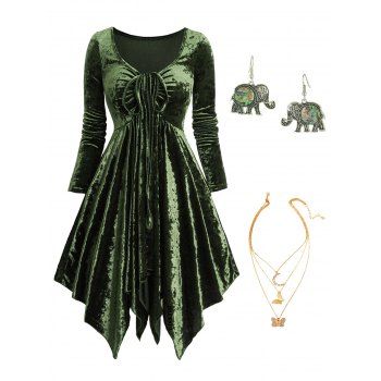 

Asymmetric Velour Cinched Plunge Dress And Hook Earrings Layered Metal Chain Necklace Outfit, Deep green