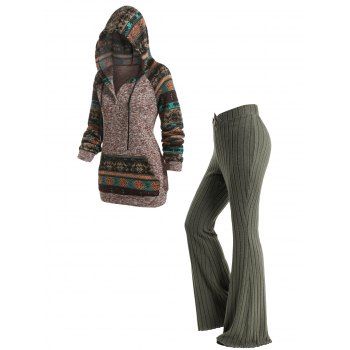 

Hooded Tribal Pattern Raglan Sleeve Sweater And Ribbed Crossover Waist Flare Pants Outfit, Multicolor