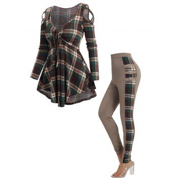 

Plaid Cut Out Ruched Tie Knot Sweetheart Neck Top And Plaid Print Panel Leggings Outfit, Coffee