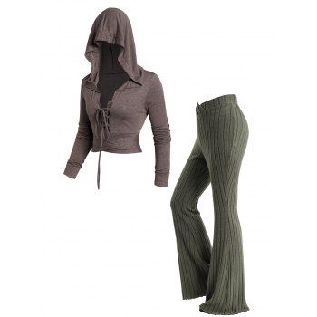 

Tie Knot Long Sleeve Top And Solid Color Mock Button Pants Set, Multicolor