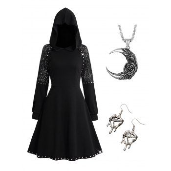 

Gothic Sheer Lace Panel Mini Hooded Dress And Gothic Flower Moon Pendant Alloy Chain Necklace Halloween Heart Shape Drop Earrings Outfit, Black