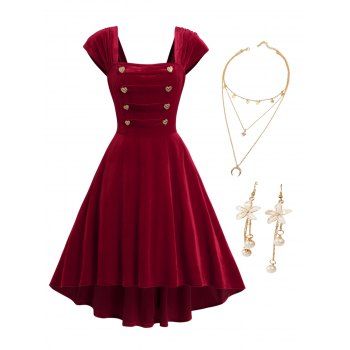 

High Low Cap Sleeve Midi Vintage Velvet Dress And Moon Star Pattern Necklace 3D Flower Faux Pearl Earrings Outfit, Red