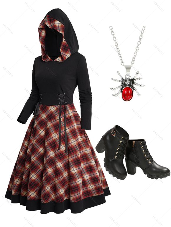 Hooded Plaid Panel Lace Up Dress And Chunky Heel Buckle Strap Ankle Boots Gothic Spider Shape Pendant Chain Necklace Outfit - multicolor S | US 4