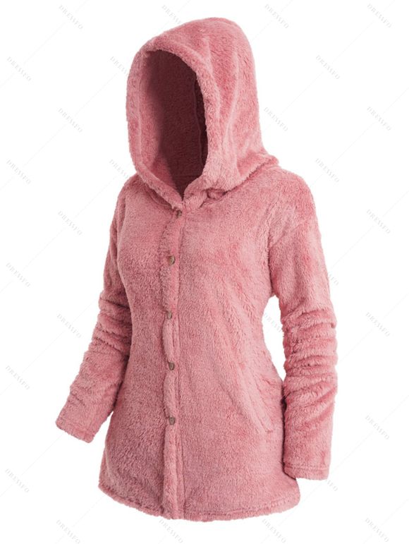Manteau à Capuche Fourré Chaud Boutonné en Couleur Unie avec Poches en Avant - Rose clair XXL | US 14