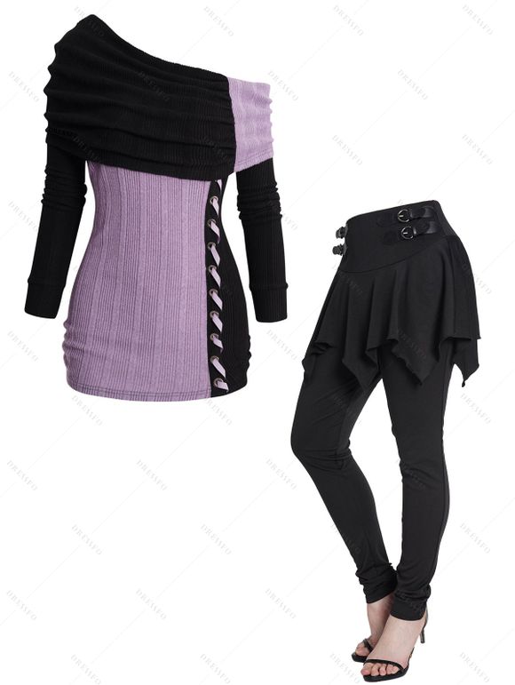 Ensemble de Haut Tricoté Bicolore Bouclé en Couleur Unie et de Legging Deux Pièces - multicolor S | US 4