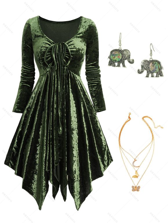 Boucles D'Oreilles Au Crochet Asymétriques Chaîne en Métal Plongeant en Velours - Vert profond S | US 4