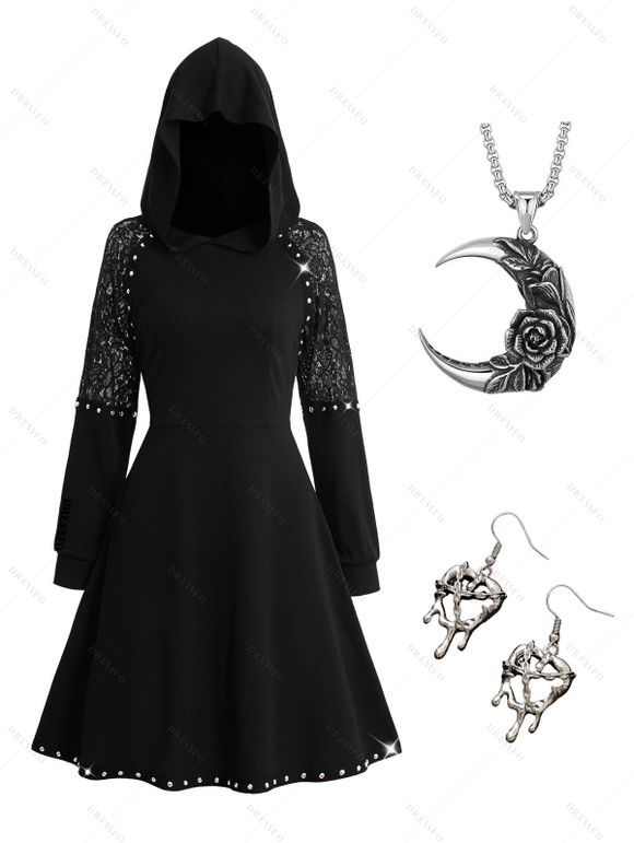 Gothic Sheer Lace Panel Mini Hooded Dress And Gothic Flower Moon Pendant Alloy Chain Necklace Halloween Heart Shape Drop Earrings Outfit - BLACK S | US 4