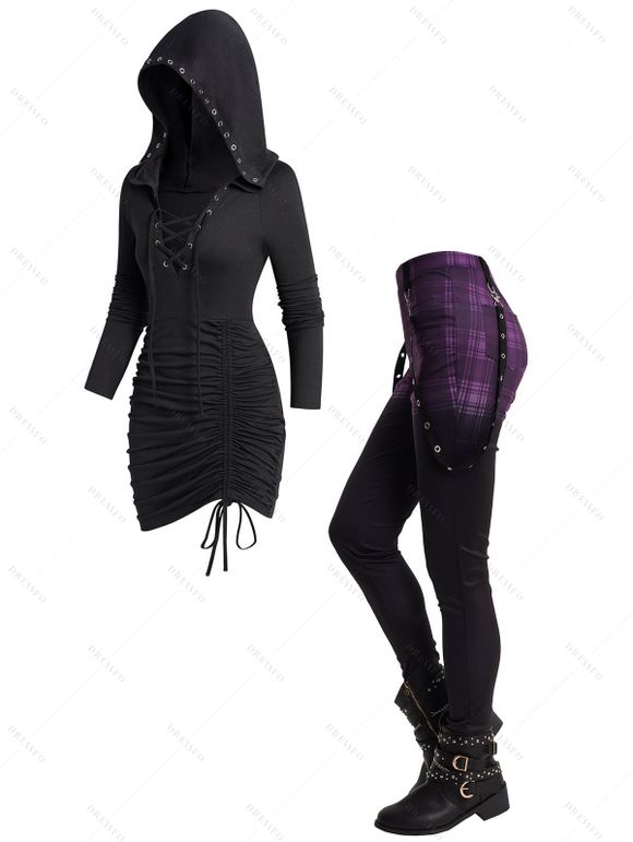 Ensemble de Mini Robe Moulante en Couleur Ombrée à Carreaux à Bretelle et de Pantalon Crayon - Noir S | US 4