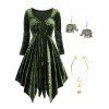 Asymmetric Velour Cinched Plunge Dress And Hook Earrings Layered Metal Chain Necklace Outfit - DEEP GREEN S | US 4