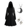 Gothic Sheer Lace Panel Mini Hooded Dress And Gothic Flower Moon Pendant Alloy Chain Necklace Halloween Heart Shape Drop Earrings Outfit - BLACK S | US 4
