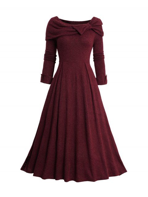 Heathered Bowknot Foldover Collar Dress Long Sleeve Knit Dress