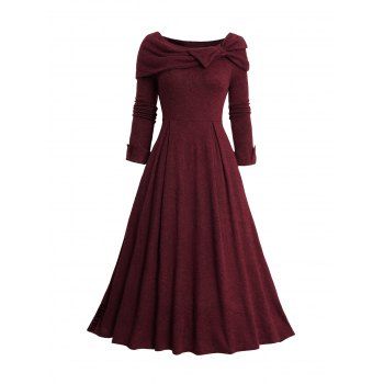 

Heathered Bowknot Foldover Collar Dress Long Sleeve Knit Dress, Deep red