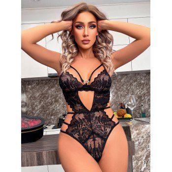 

Sheer Leaf Lace Mesh Teddy Lingerie Adjustable Strap Cut Out Bodysuit Lingrie Set, Black