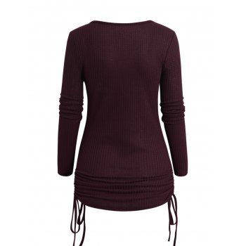 Cinched Ruched Ruffles Tie Knot Knit Top Long Sleeve Solid Color Sweetheart Neck Knitted Top 