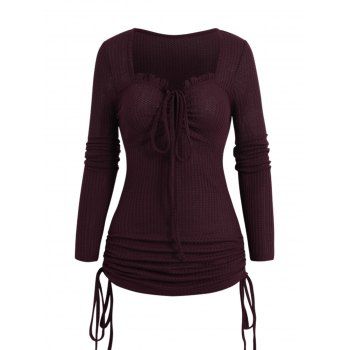 Cinched Ruched Ruffles Tie Knot Knit Top Long Sleeve Solid Color Sweetheart Neck Knitted Top 